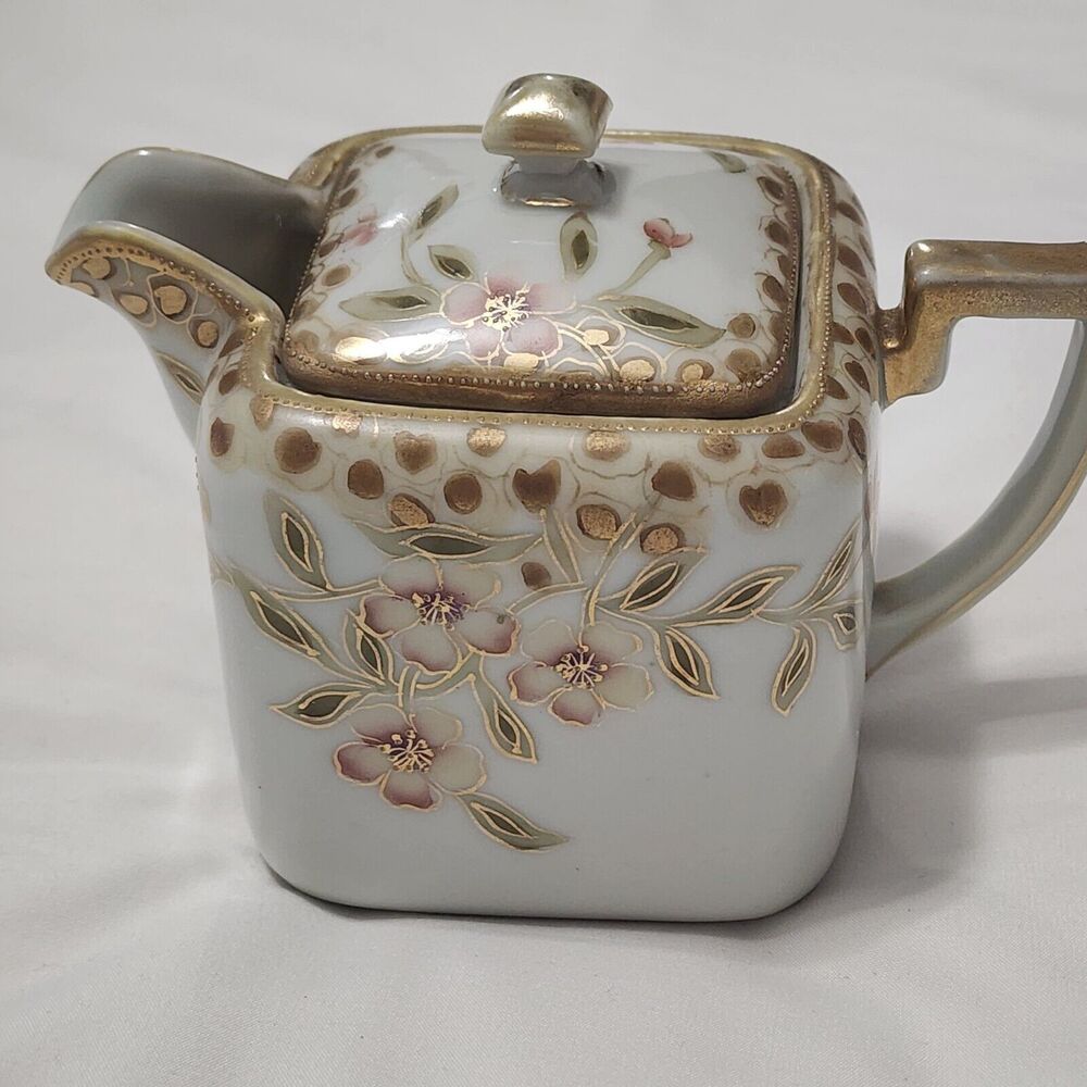 Nipon Morimura Bros Hand Painted Square Creamer w Lid Floral Gold Trim Rare Vtg